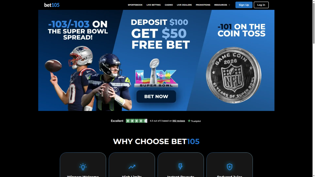 Super Bowl 60 odds Bet105 reduced-juice lines.