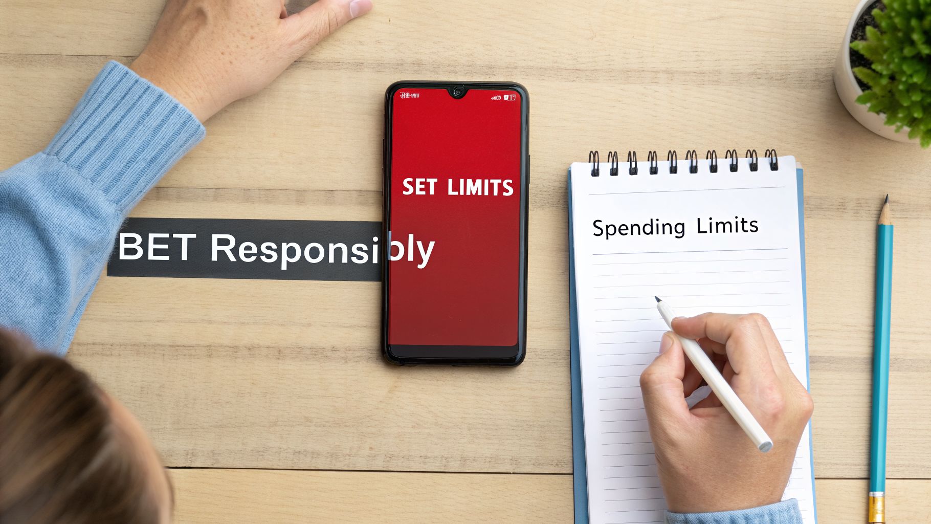 Overhead view of a person setting spending limits, with a phone showing 'SET LIMITS' and a notebook titled 'Spending Limits', emphasizing responsible betting.
