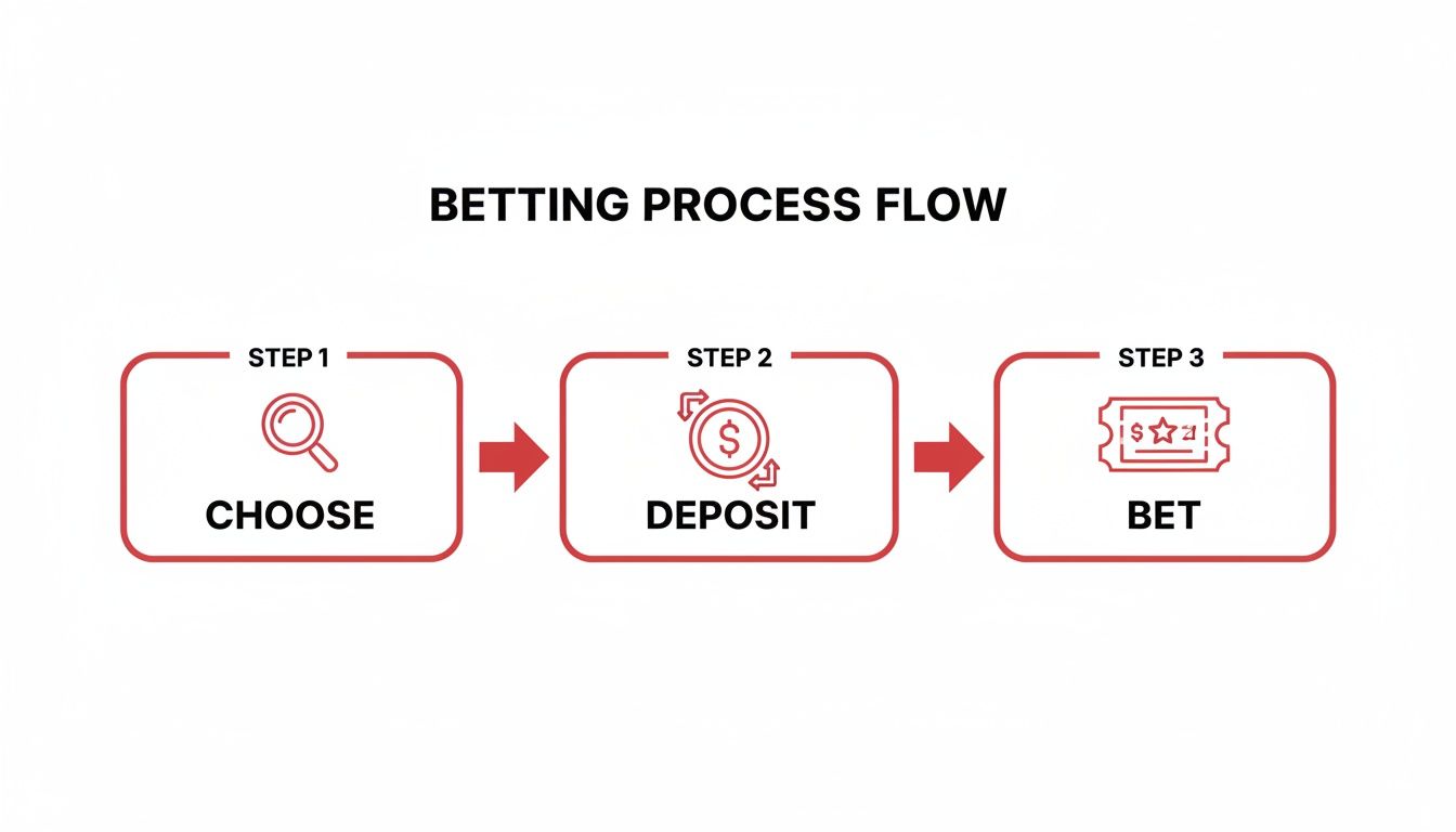 A clear betting process flow diagram showing three sequential steps: Choose, Deposit, and Bet, with illustrative icons.