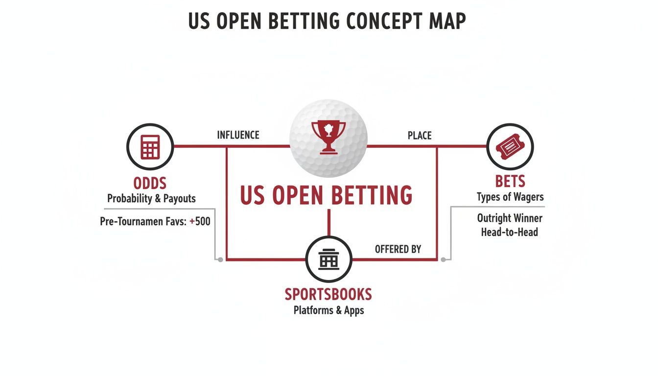 A concept map illustrating US Open golf betting, showing odds, types of bets, and sportsbooks involved.