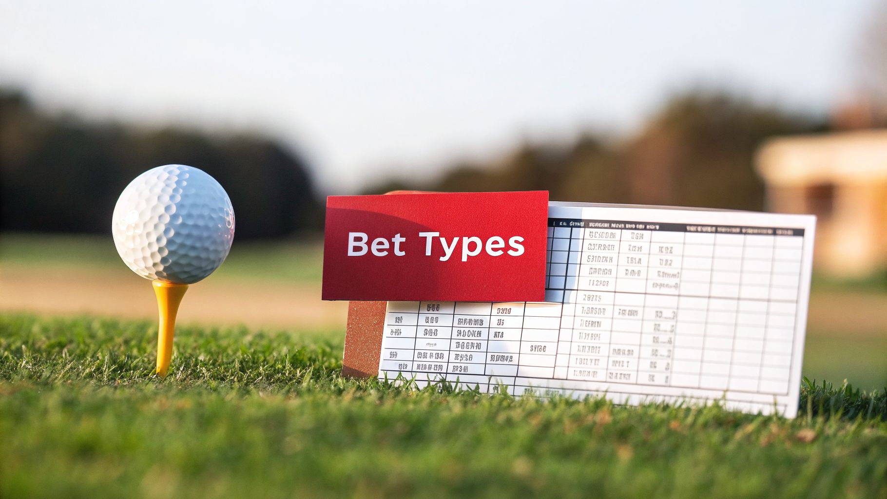 Golf ball on tee, 'Bet Types' card, and scorecard on a sunny golf course.