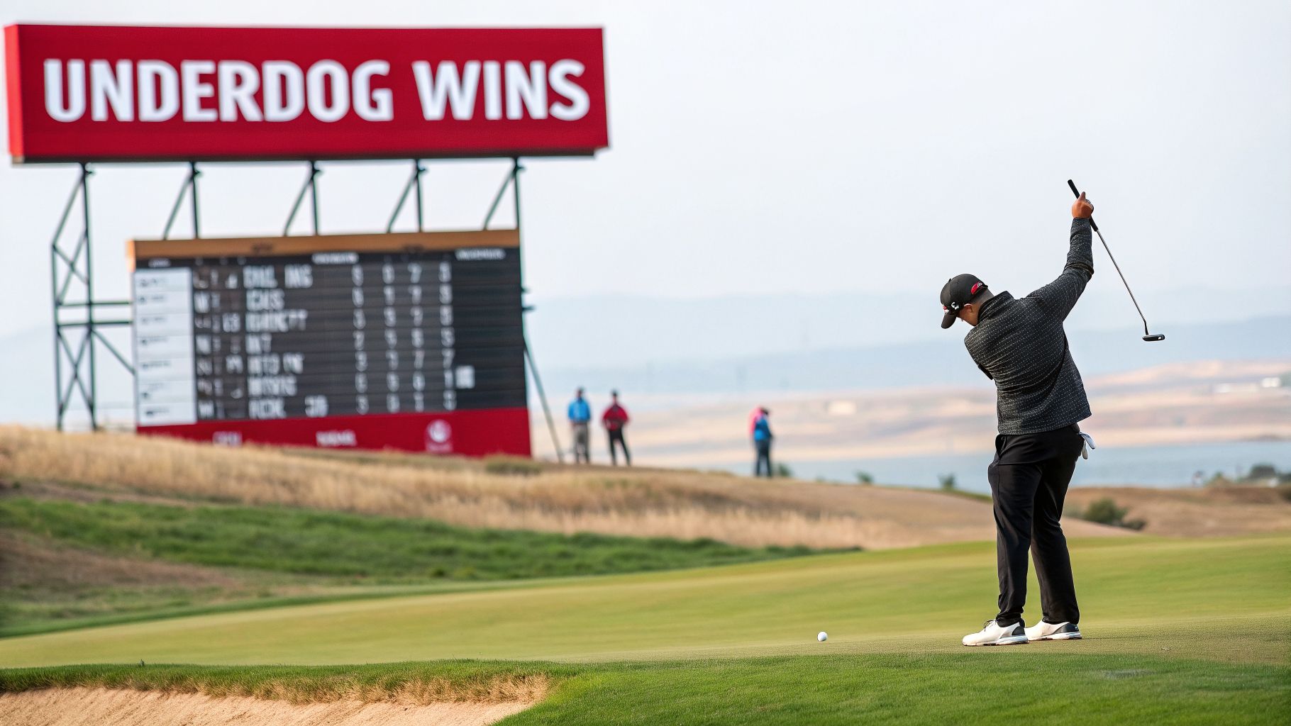 A golfer finishes a swing on a green, with an 'Underdog Wins' scoreboard in the background.