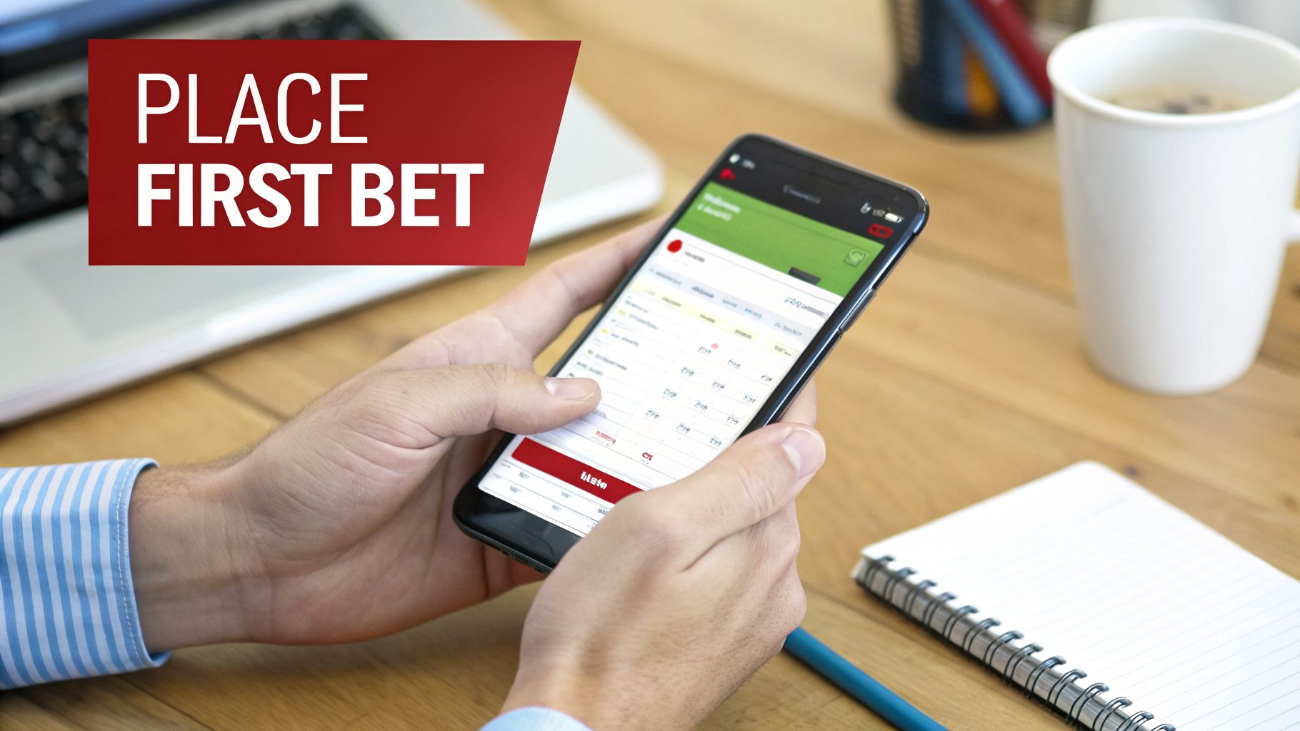 Your Guide to Winning CFL Football Odds in 2026 3 A person holds a smartphone displaying a sports betting app with odds and a 'PLACE FIRST BET' banner.