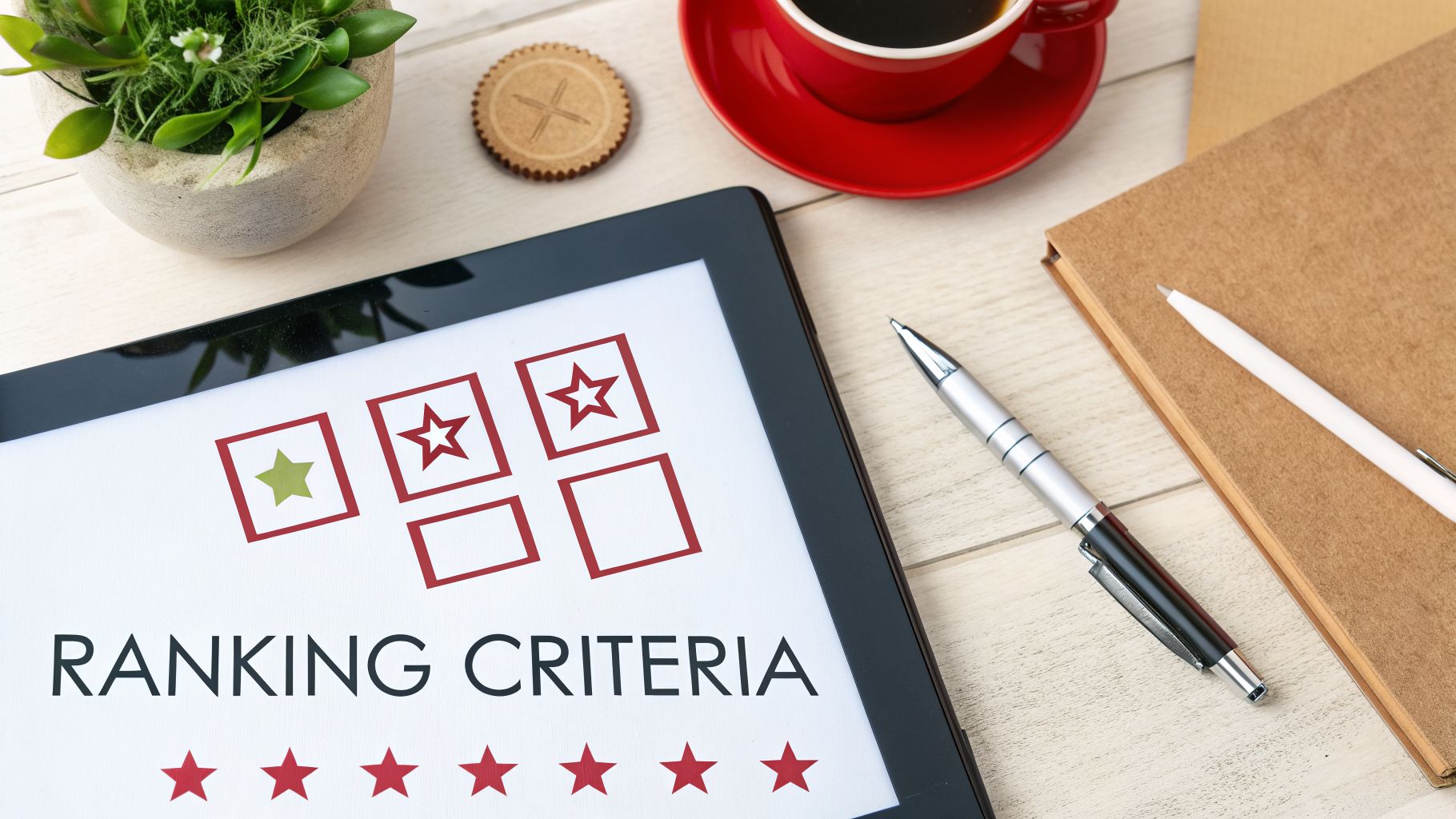 Compare Offshore Sportsbooks 2026: compare offshore sportsbooks 2026 insights 2 A tablet displaying ranking criteria with stars, a coffee cup, and office supplies on a wooden desk.