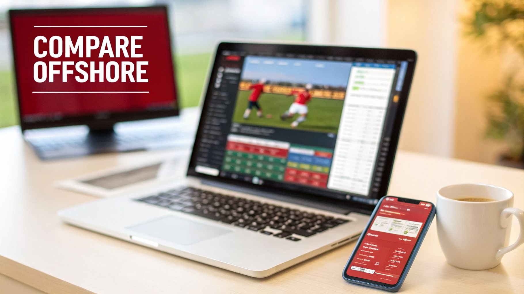 Compare Offshore Sportsbooks 2026: compare offshore sportsbooks 2026 insights 1 A desk with two laptops and a smartphone displaying sports betting websites, with 'COMPARE OFFSHORE' on one screen, next to a coffee mug.