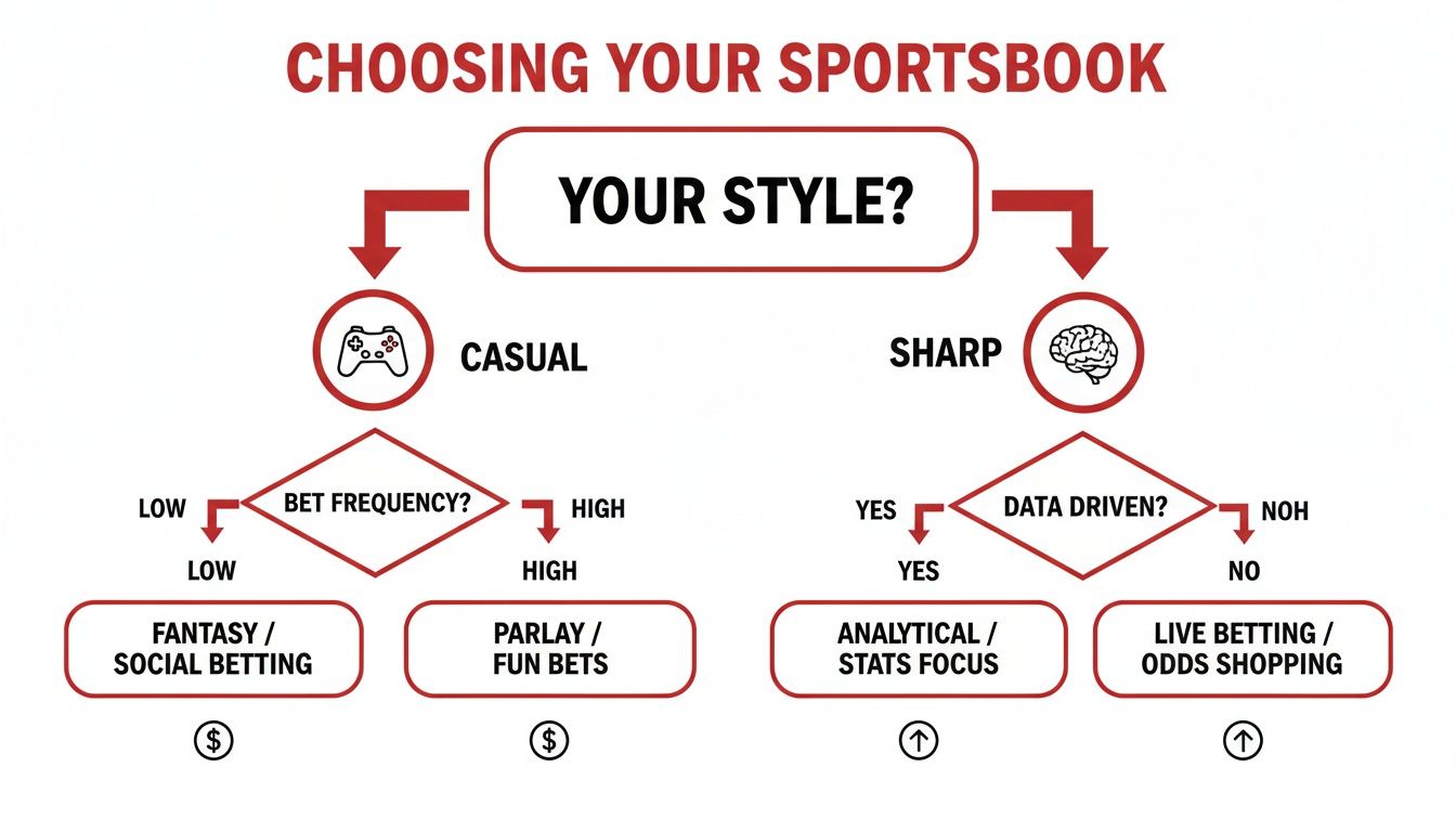 Compare Offshore Sportsbooks 2026: compare offshore sportsbooks 2026 insights 3 A flowchart titled 'Choosing Your Sportsbook' guiding users based on their betting style and preferences.