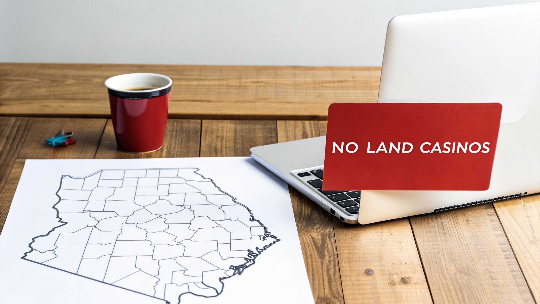 A Georgia state map, laptop with 'NO LAND CASINOS' sign, and coffee cup on a wooden desk.