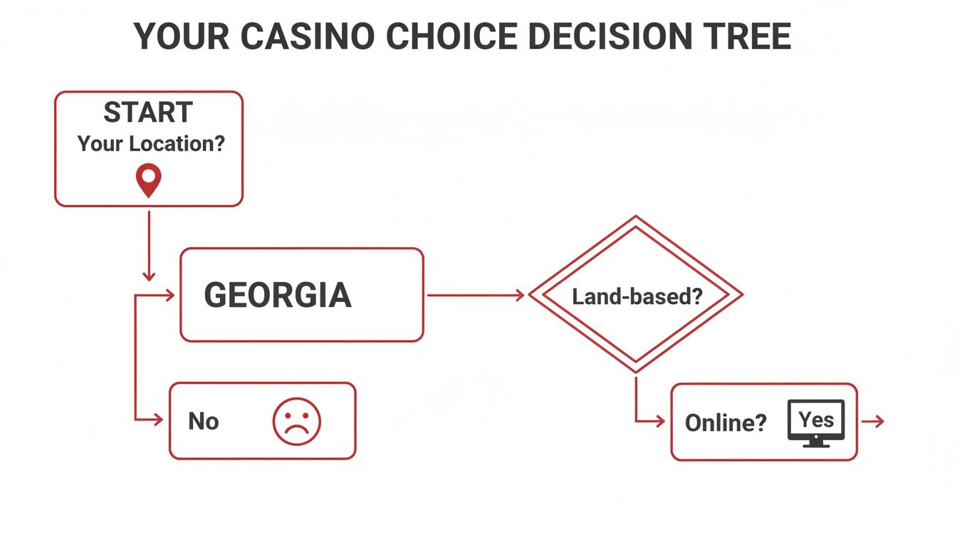 A decision tree flowchart for casino choices, starting with location, specifically Georgia.
