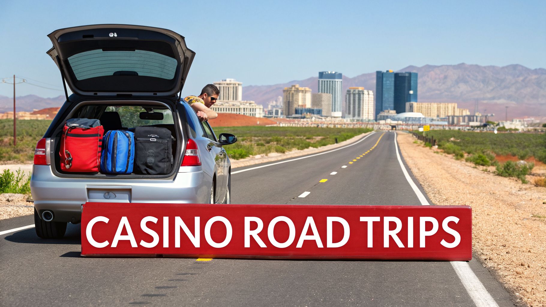 Car with open trunk, luggage, and a 'Casino Road Trips' sign on a desert road towards a city.