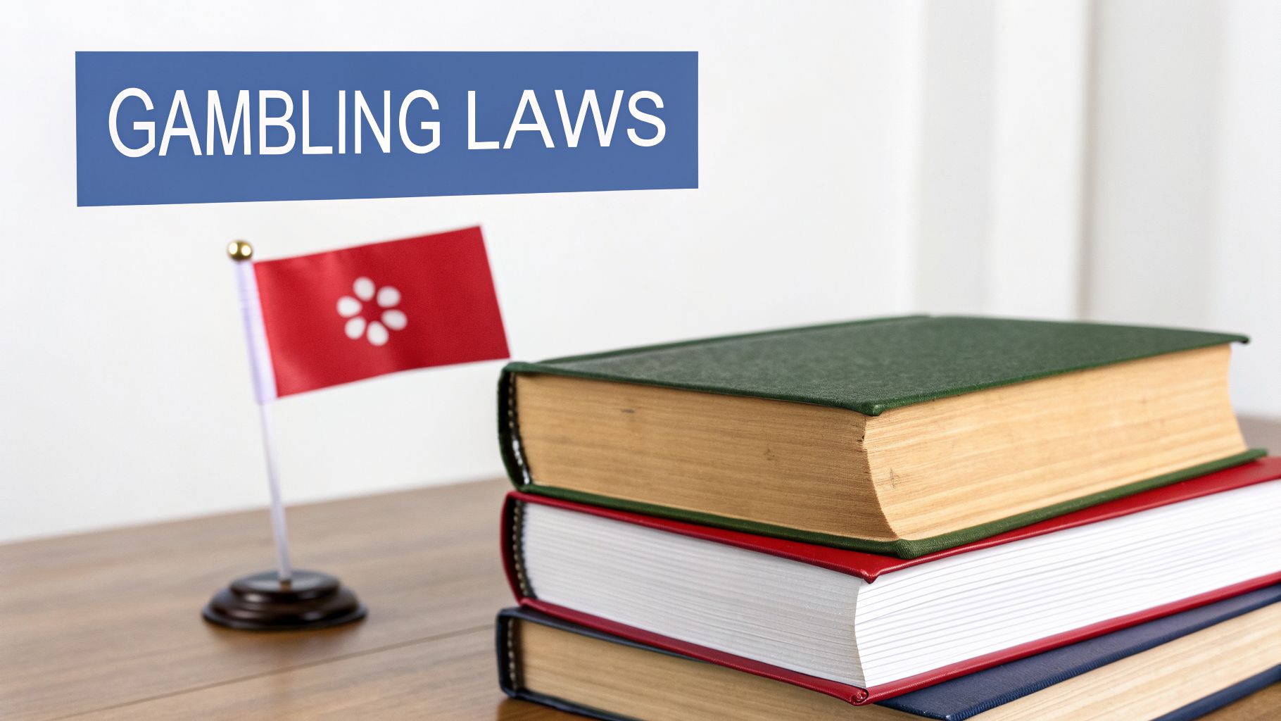 A small flag with a white flower and red background next to a stack of books and a 'GAMBLING LAWS' banner.