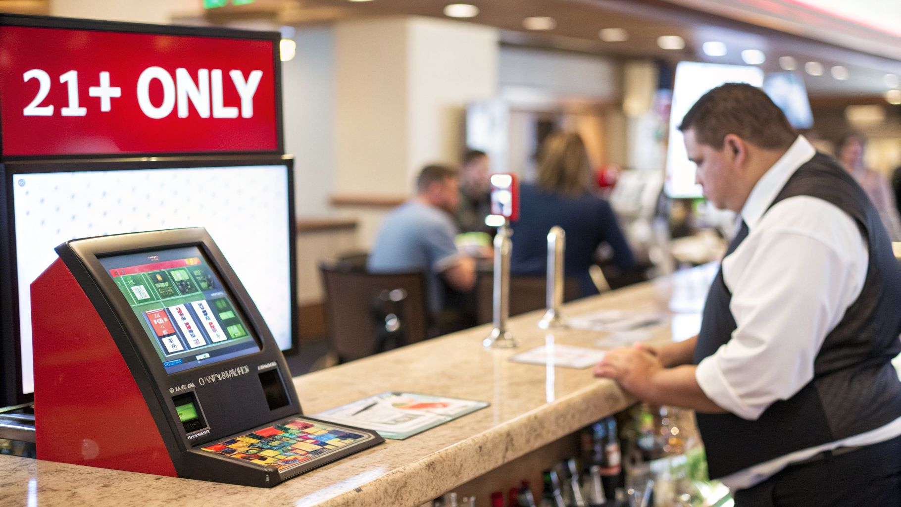Gambling Age Illinois Your Guide to 2026 Betting Laws 3 A '21+ ONLY' sign over a gambling machine on a bar counter, with a bartender.