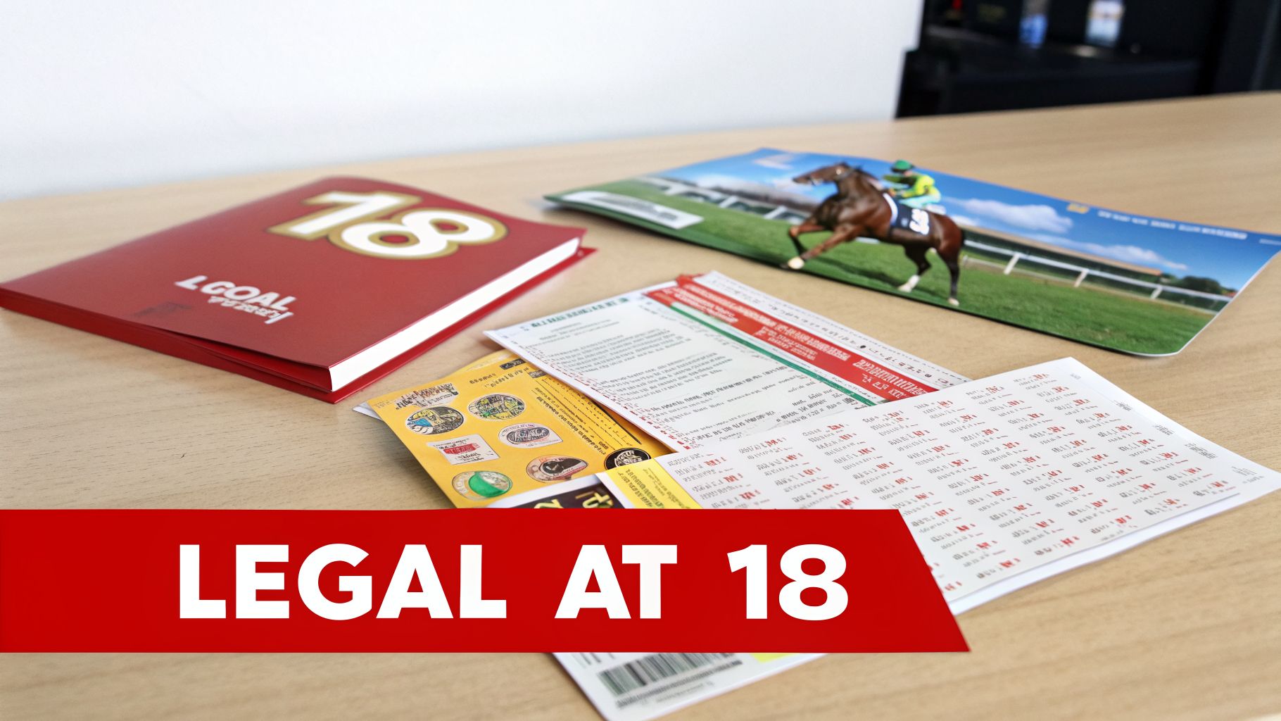 Gambling Age Illinois Your Guide to 2026 Betting Laws 4 Various gambling items including betting slips, a horse racing guide, and "Legal at 18" text.