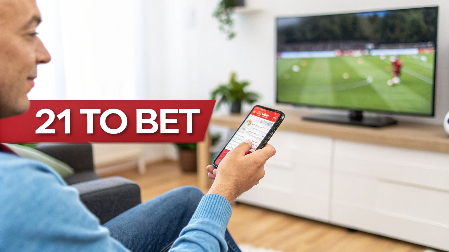 Gambling Age Illinois Your Guide to 2026 Betting Laws 2 Man watching a football match on TV while placing bets on a sports betting app on his phone, with a '21 TO BET' banner.