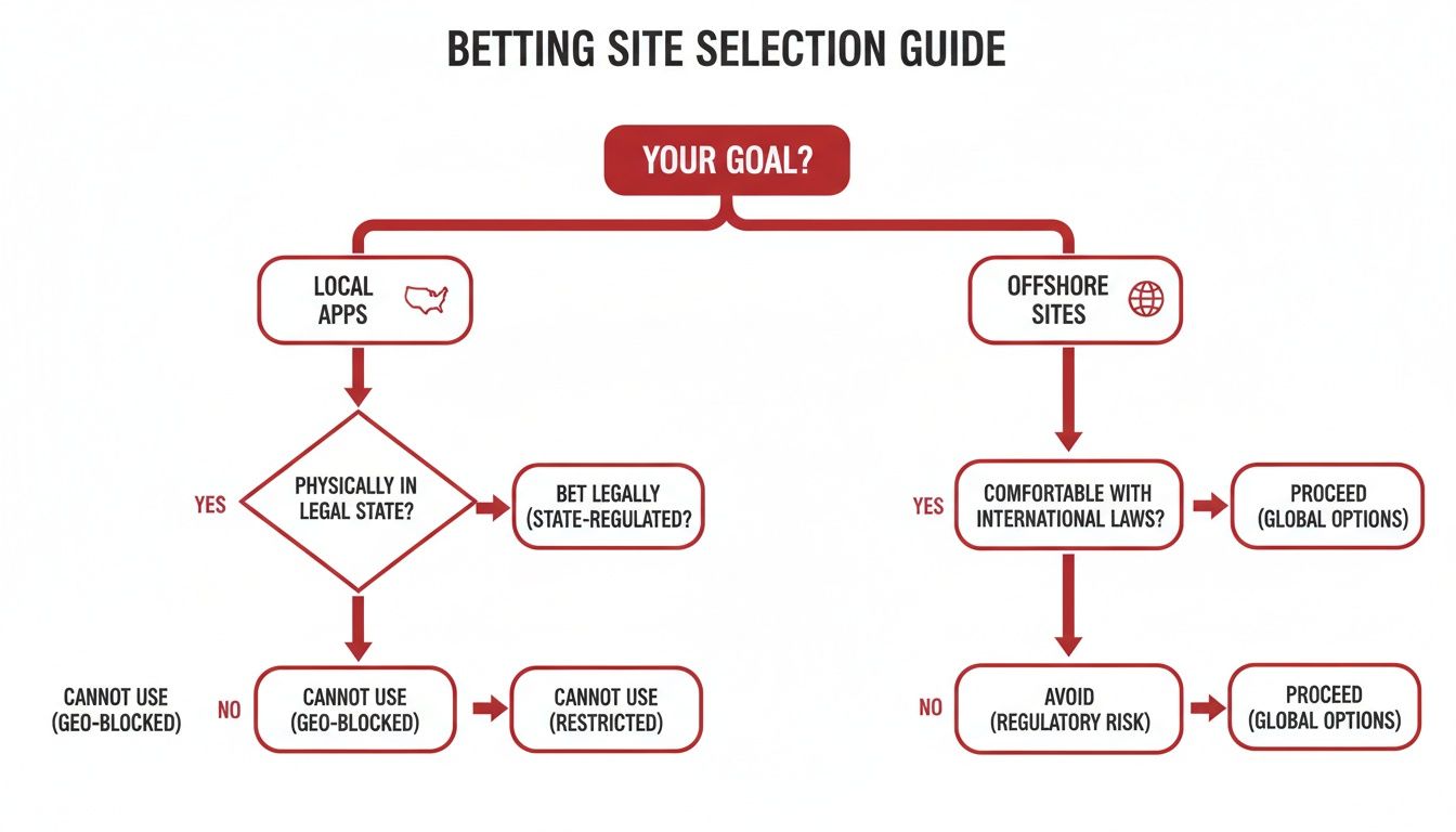 Your Complete Guide to Gambling in CT 3 Flowchart illustrating a betting site selection guide, distinguishing between local apps and offshore sites.