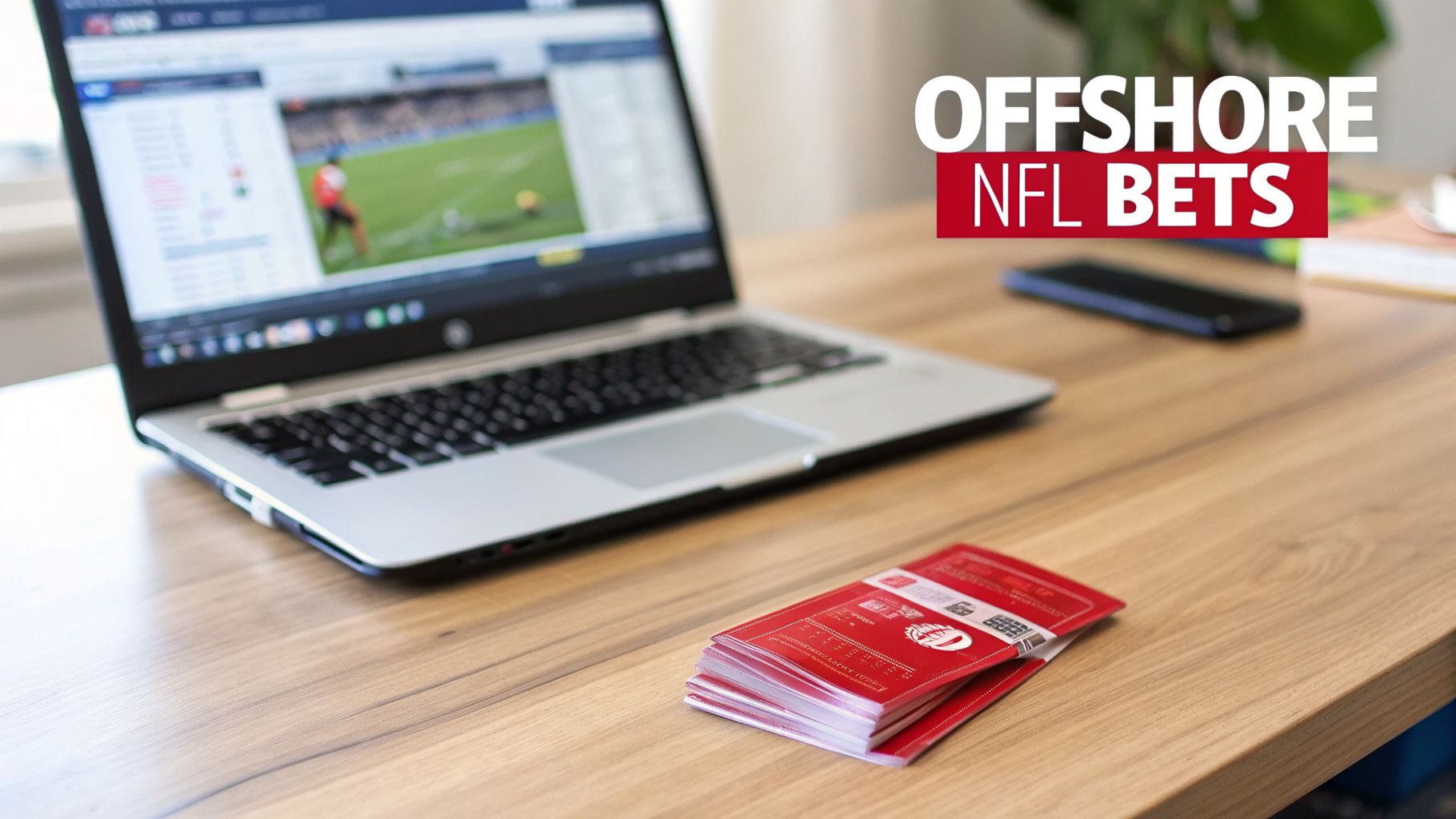 A laptop displaying offshore NFL betting odds, with red booklets and a phone on a wooden desk.