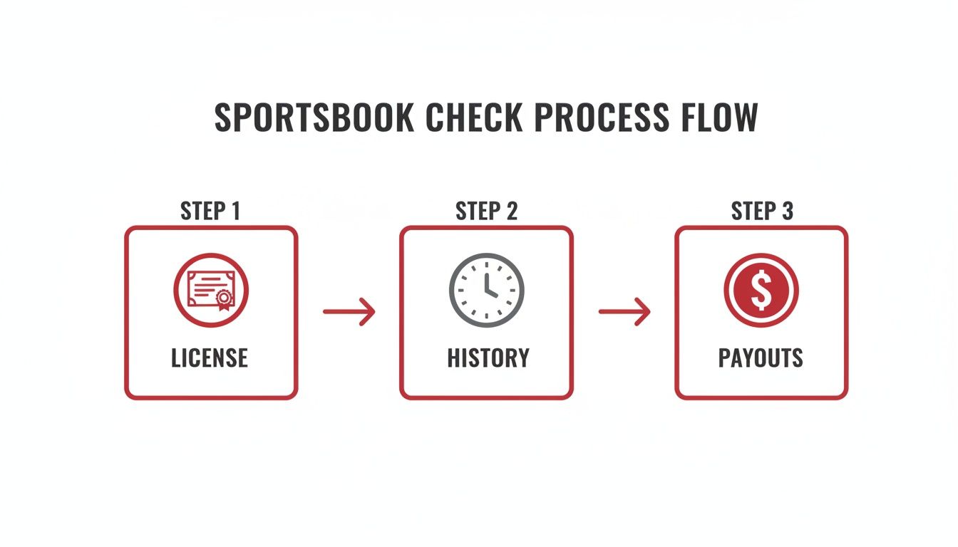 A three-step sportsbook check process flow diagram showing License, History, and Payouts.