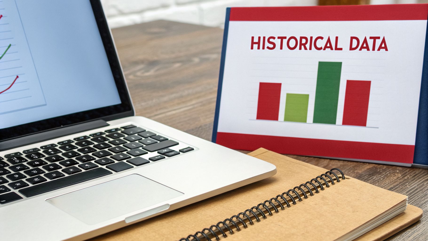 A laptop showing a graph, a 'Historical Data' document with a bar chart, and a notebook on a desk.