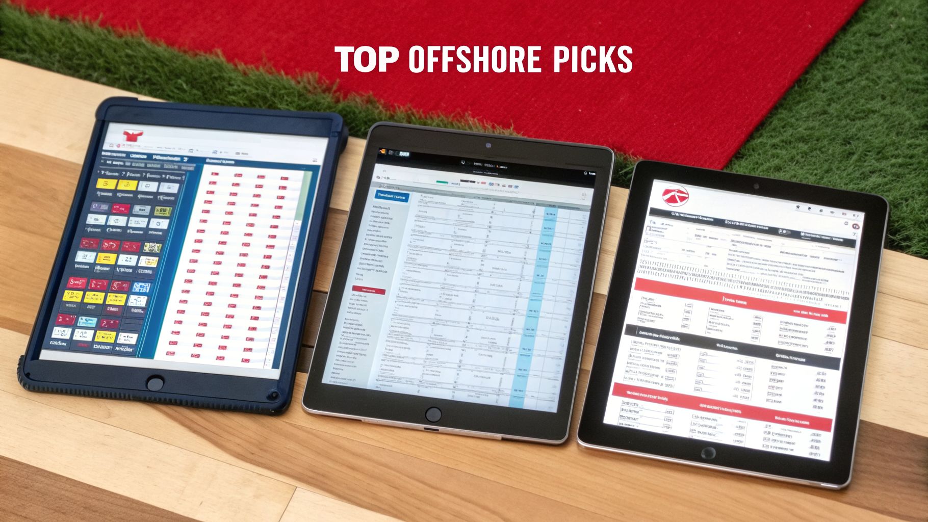 Three tablets display sports betting interfaces with 'TOP OFFSHORE PICKS' text overhead.