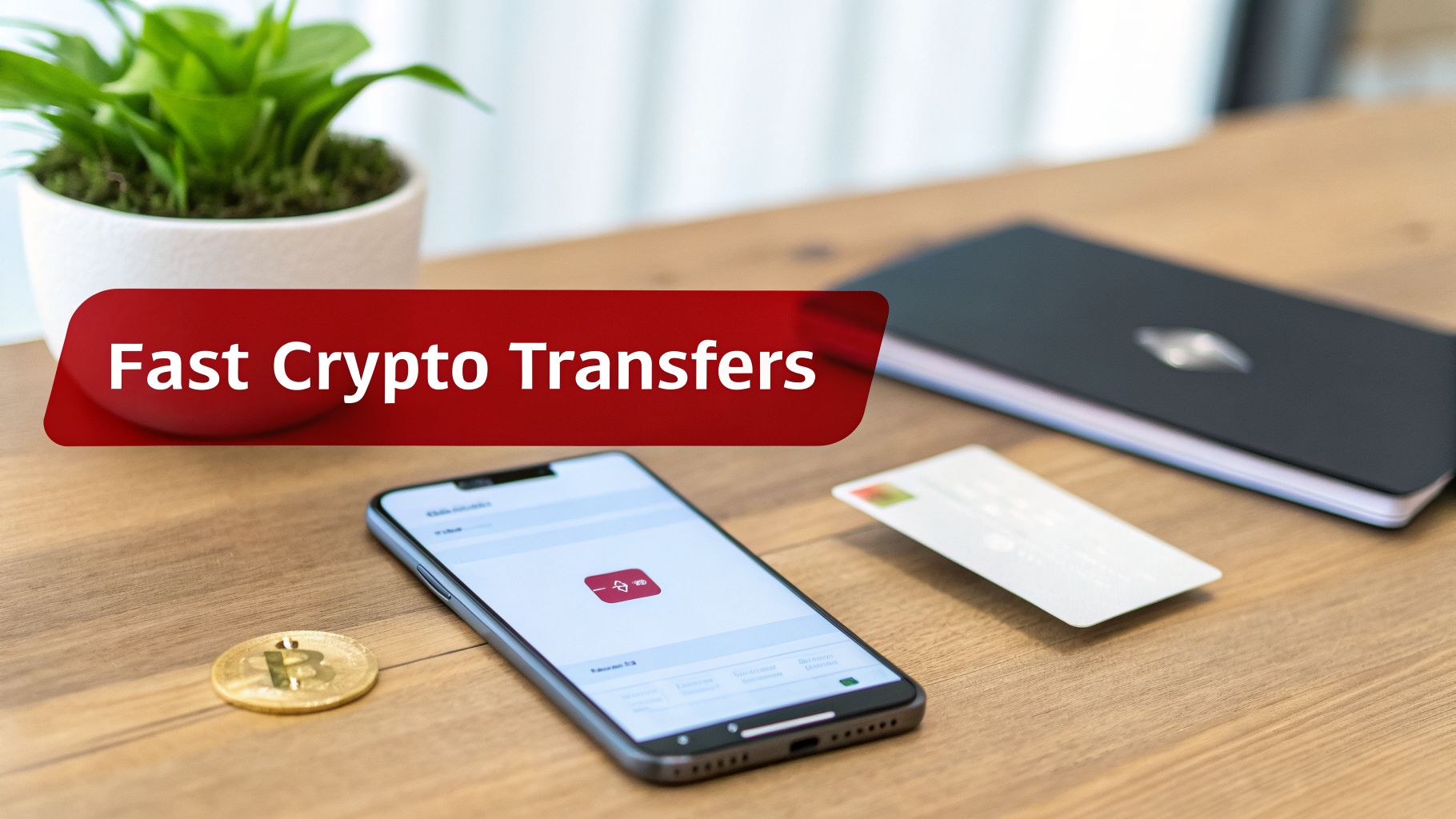 A smartphone displaying a crypto app, a Bitcoin coin, and a credit card on a wooden desk, highlighting fast crypto transfers.