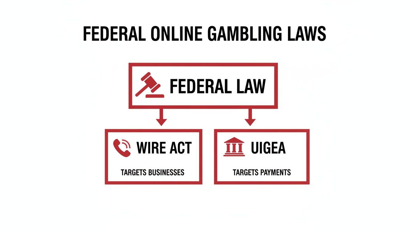 Flowchart illustrating federal online gambling laws, showing Wire Act targets businesses and UIGEA targets payments.