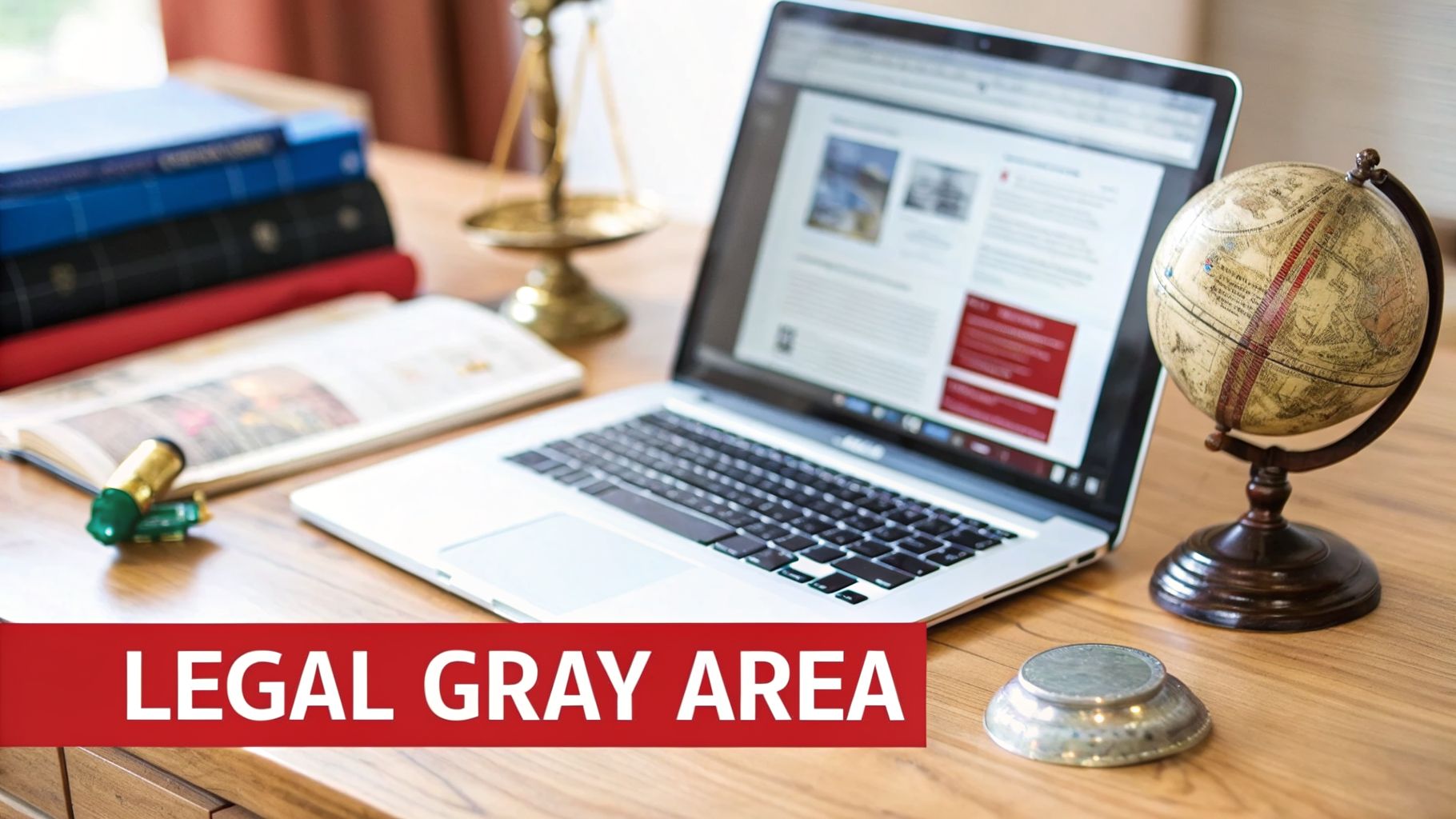 A desk with law books, scales of justice, a laptop, and a globe, highlighting a 'Legal Gray Area'.