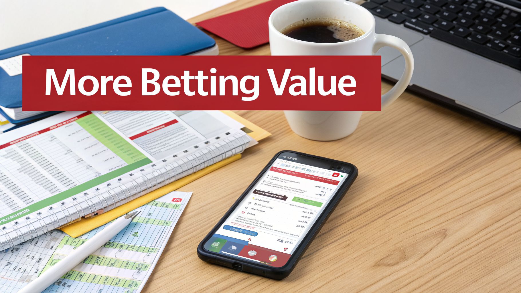 A smartphone displaying a sports betting app on a wooden desk with a laptop, coffee, and notebooks.