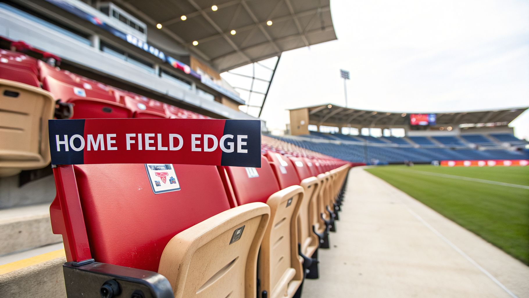 Empty red and beige stadium seats with a 'HOME FIELD EDGE' sign and a green soccer field.
