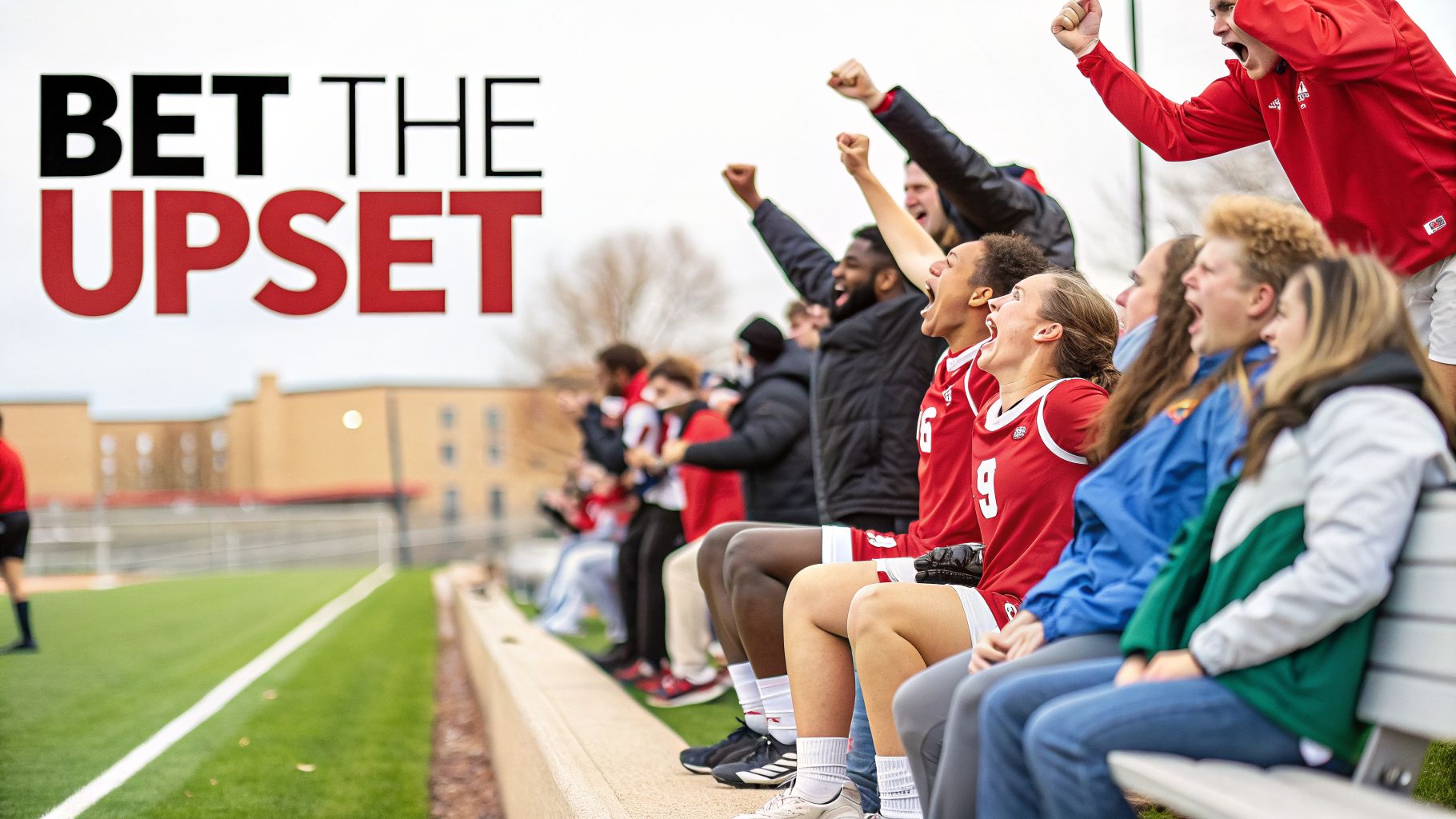 Excited fans in red cheering loudly at a college sports game, with 'BET THE UPSET' text overlay.