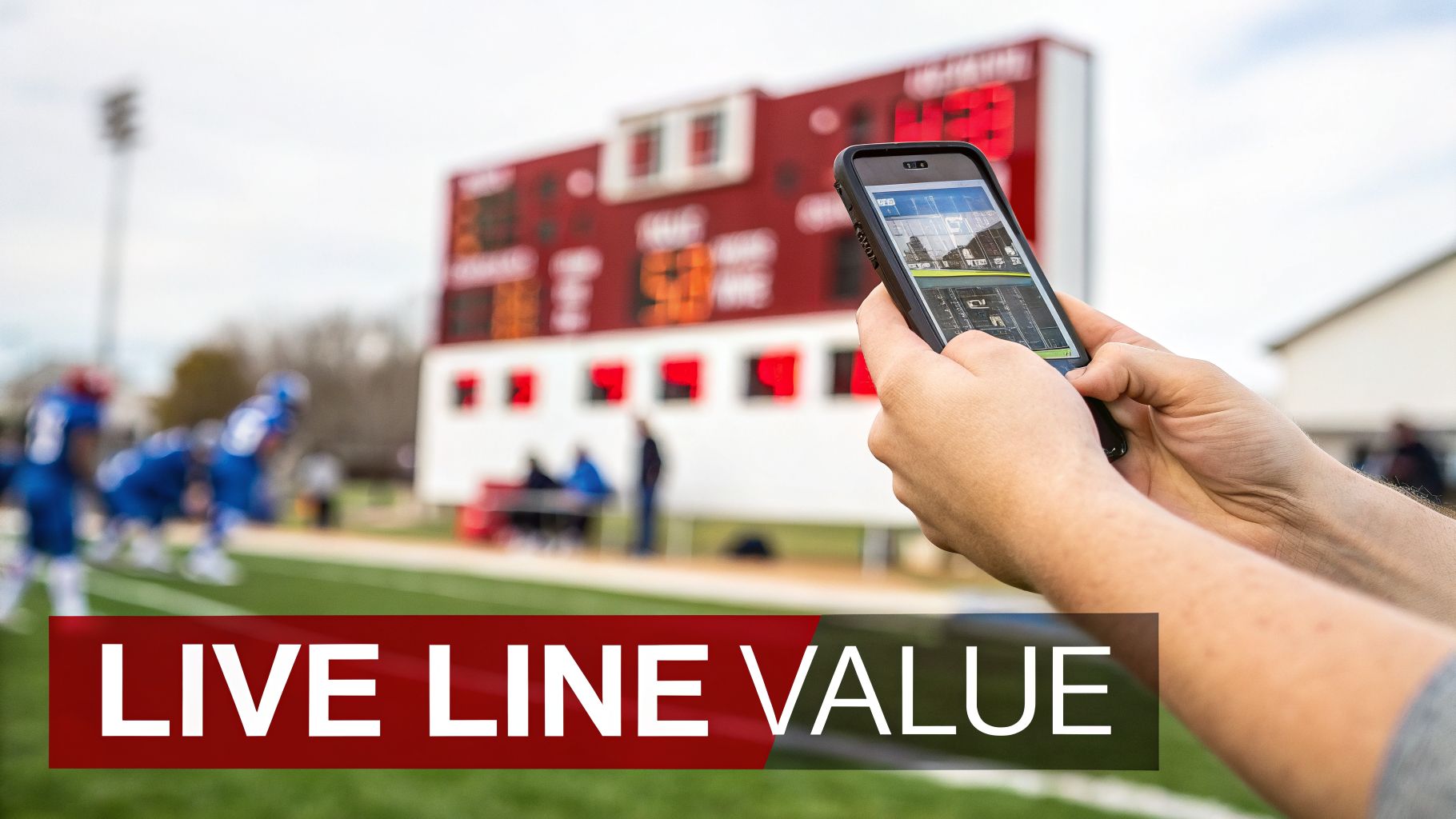 A person holds a smartphone at a football game, viewing live sports data with a scoreboard in the background.