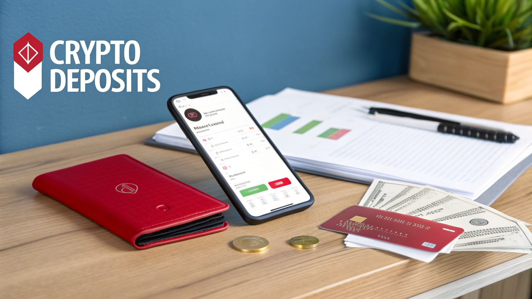 A desk setup with a smartphone displaying a crypto app, a red wallet, cash, coins, and a credit card, featuring 'Crypto Deposits' text.