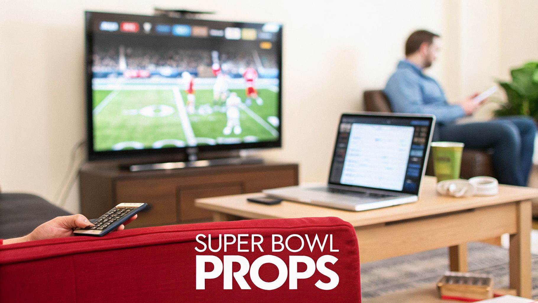 Friends watching a Super Bowl football game on TV while engaging with prop bets on their devices.