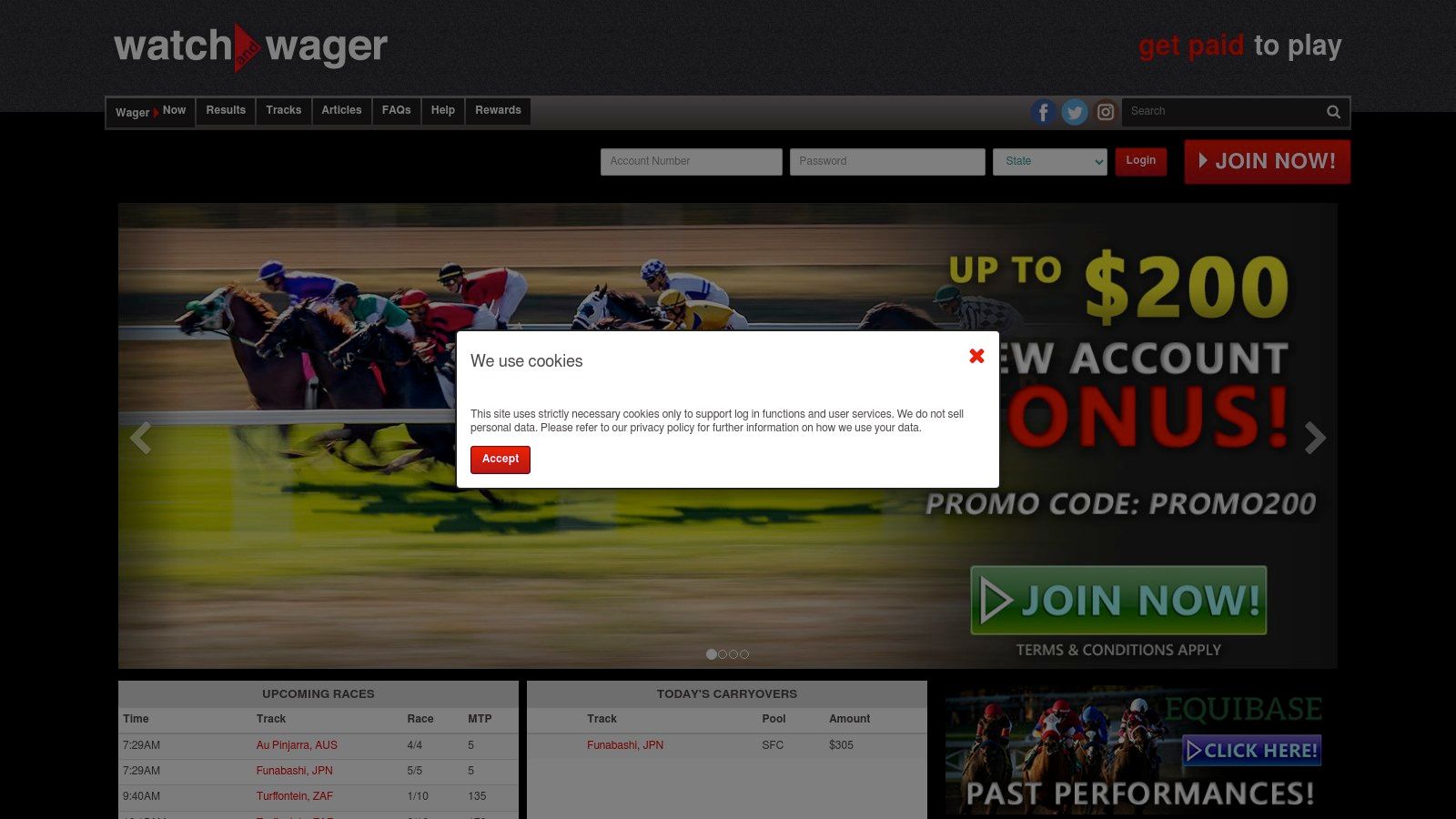 The homepage of the WatchandWager betting platform.