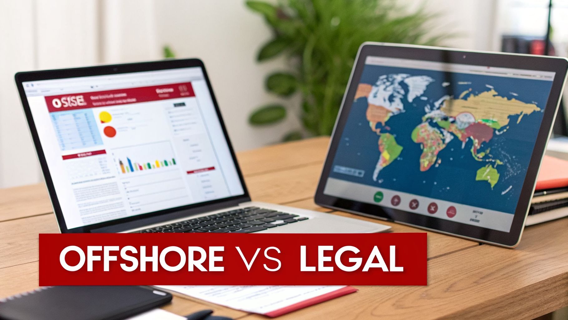 Offshore Betting vs Legal Sportsbooks A 2026 Bettor's Guide 1 A laptop displaying data charts and a tablet showing a world map, illustrating offshore vs legal concepts.