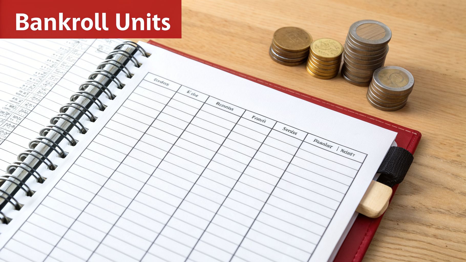 An open ledger book with columns and stacks of euro coins on a wooden table, next to 'Bankroll Units' text.