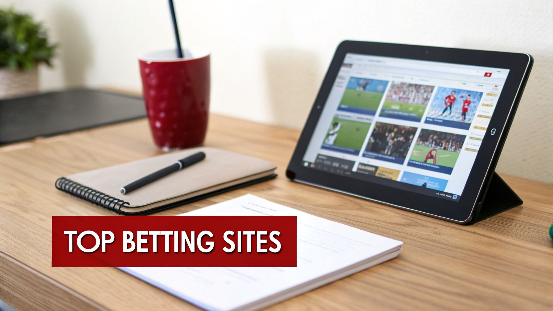 A tablet displaying a sports betting website on a wooden desk, with a 'TOP BETTING SITES' banner.
