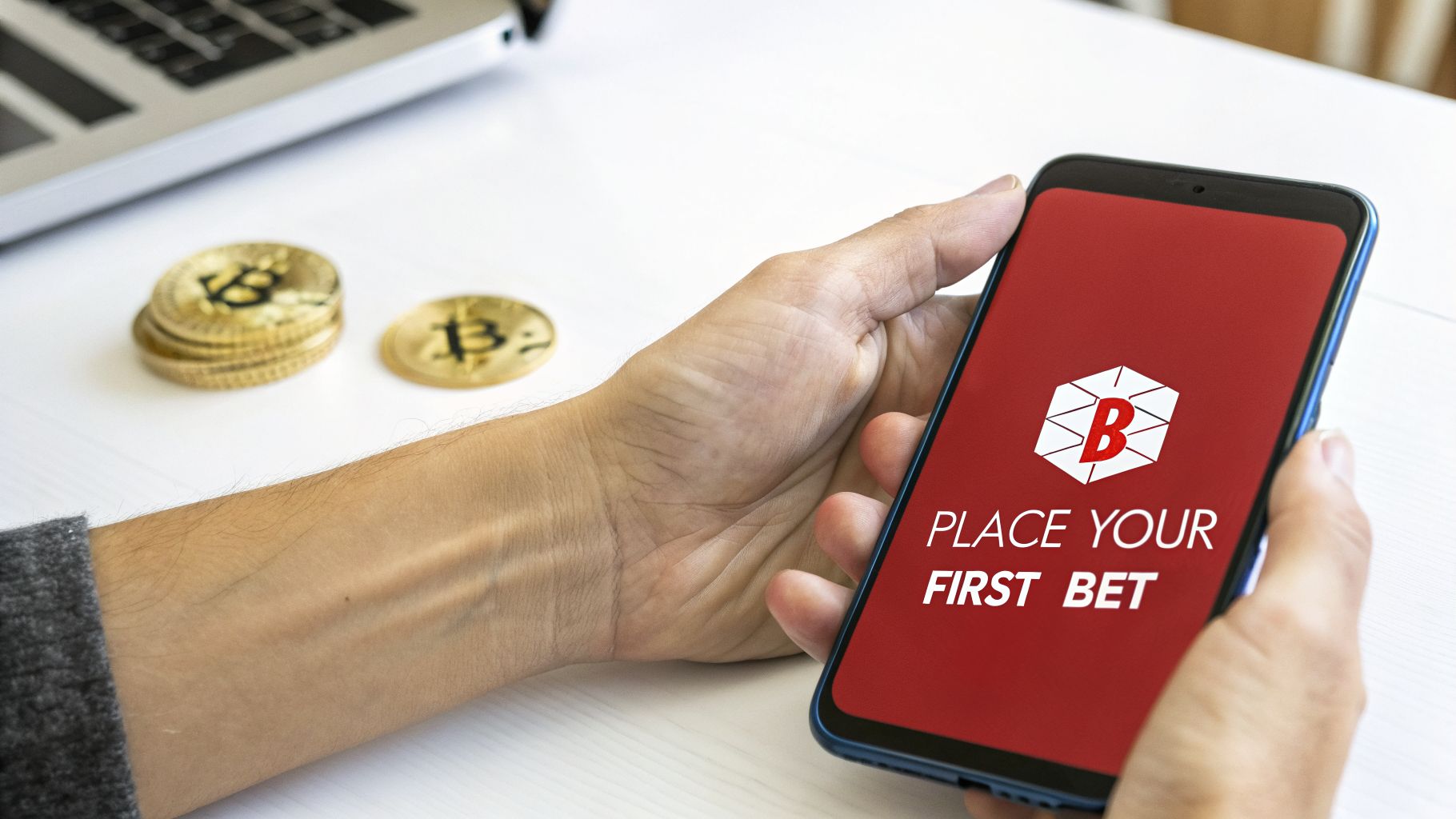 A person holds a smartphone showing a betting app with "PLACE YOUR FIRST BET," beside Bitcoin coins and a laptop.