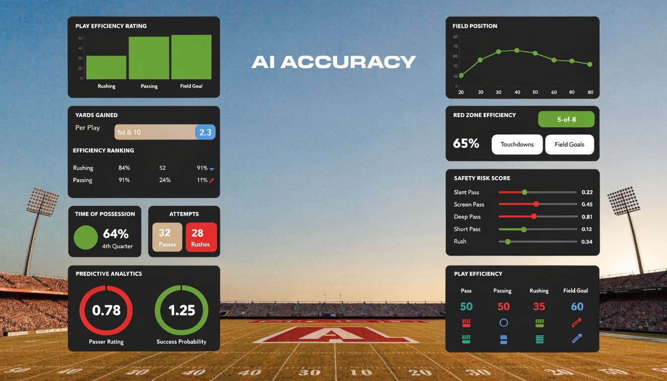 A digital analytics dashboard overlay on a football field displaying various NFL performance metrics and predictive statistics.