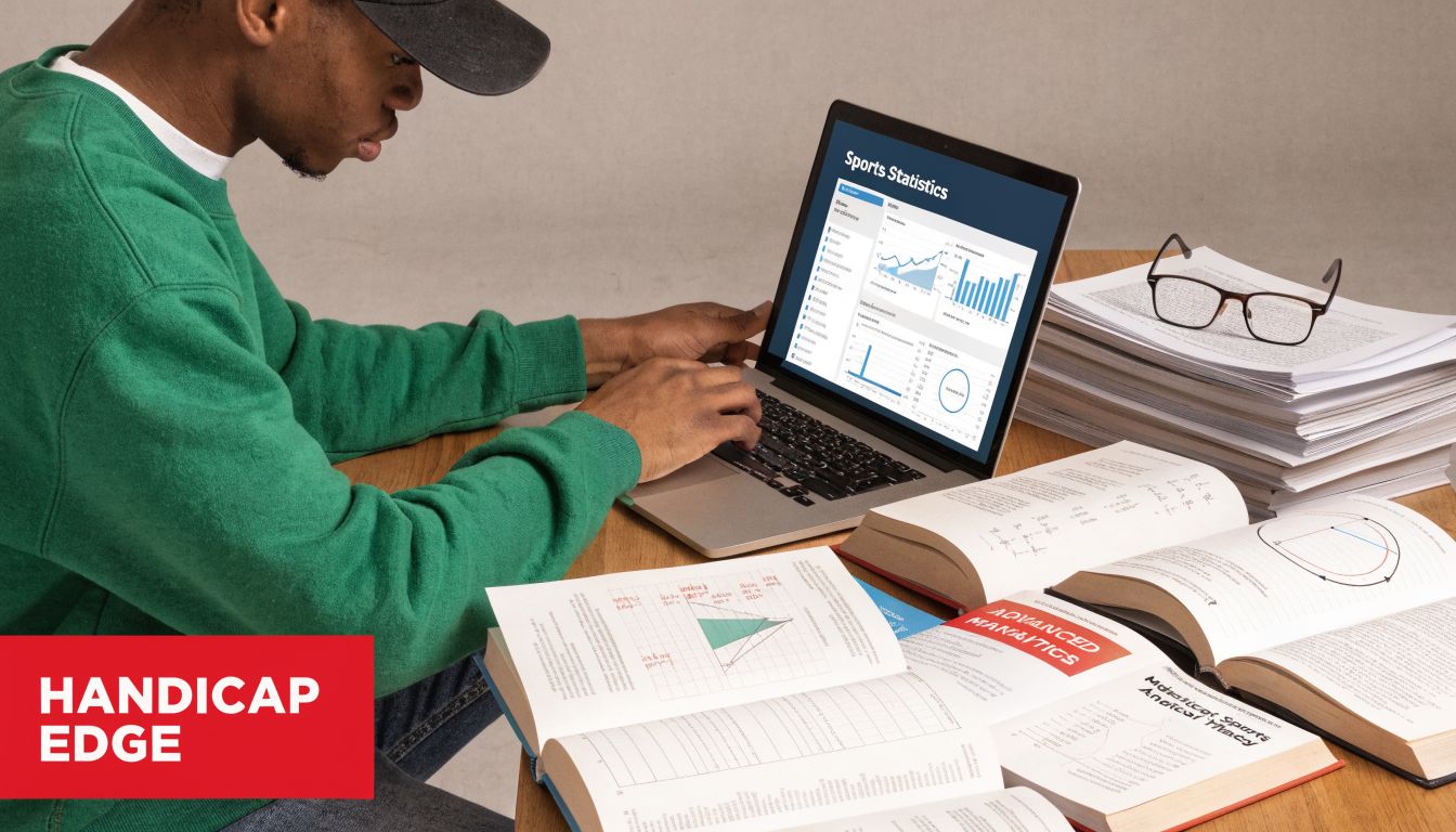 A young man wearing a green sweater studying sports analytics using a laptop and academic textbooks.