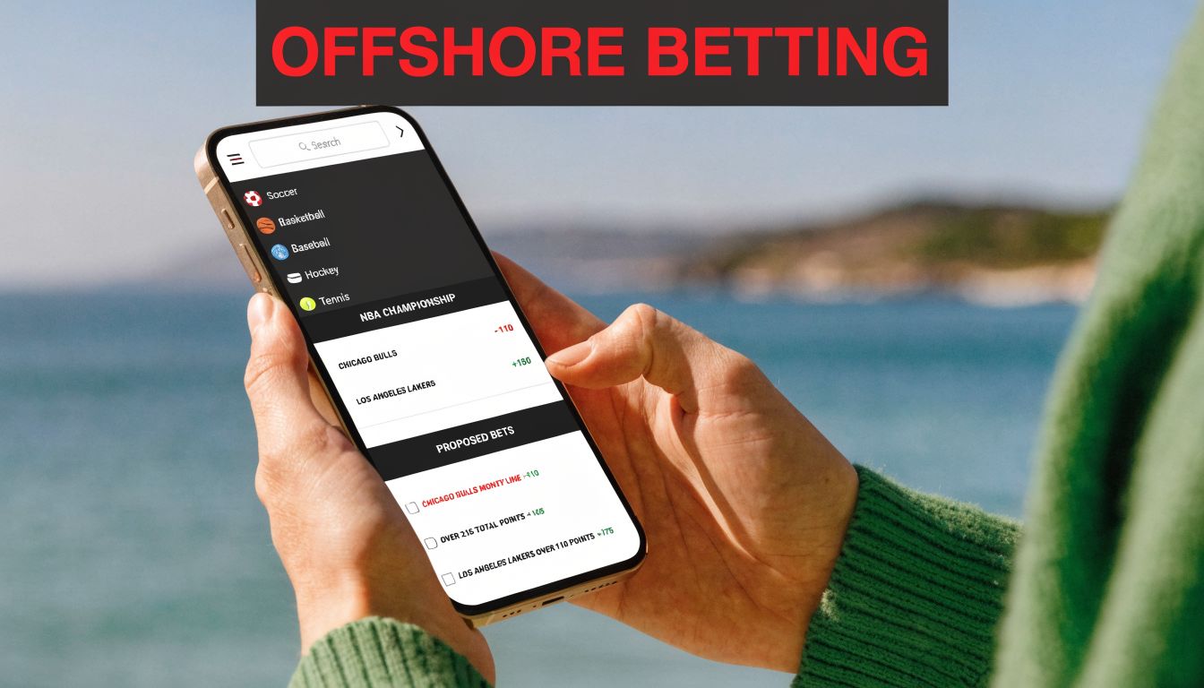 A person holding a smartphone showing an offshore sports betting app interface against a blurred coastal background.