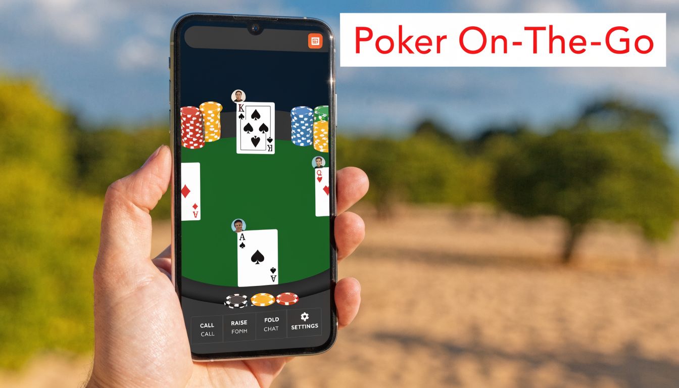 A hand holding a smartphone displaying an online poker game app against a blurred outdoor background.