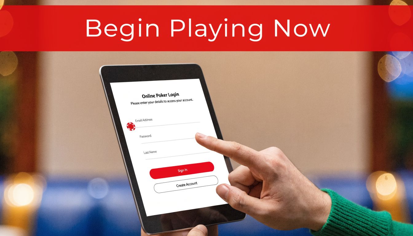 A hand using a tablet to log into an online poker account on a digital login screen.