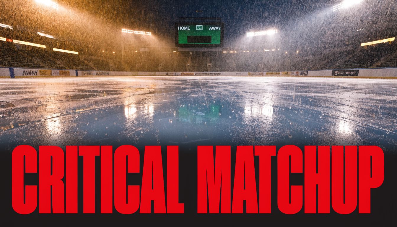 A hockey rink covered in falling snow during a night game with bright stadium lights above.