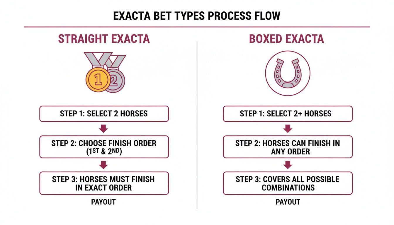 A process flow chart compares straight exacta and boxed exacta bet types for horse racing.