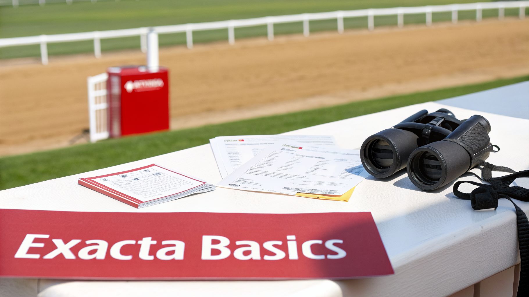 A table at a racetrack with binoculars, betting guides, and a sign for Exacta Basics.
