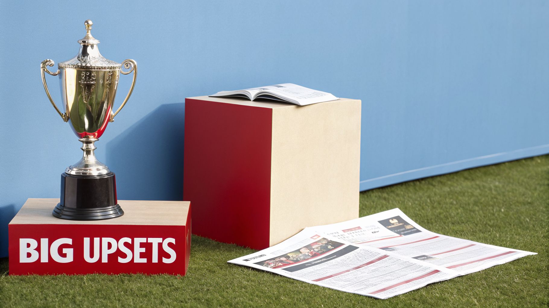 Golden trophy on a red 'BIG UPSETS' stand, with an open book and newspaper on grass.