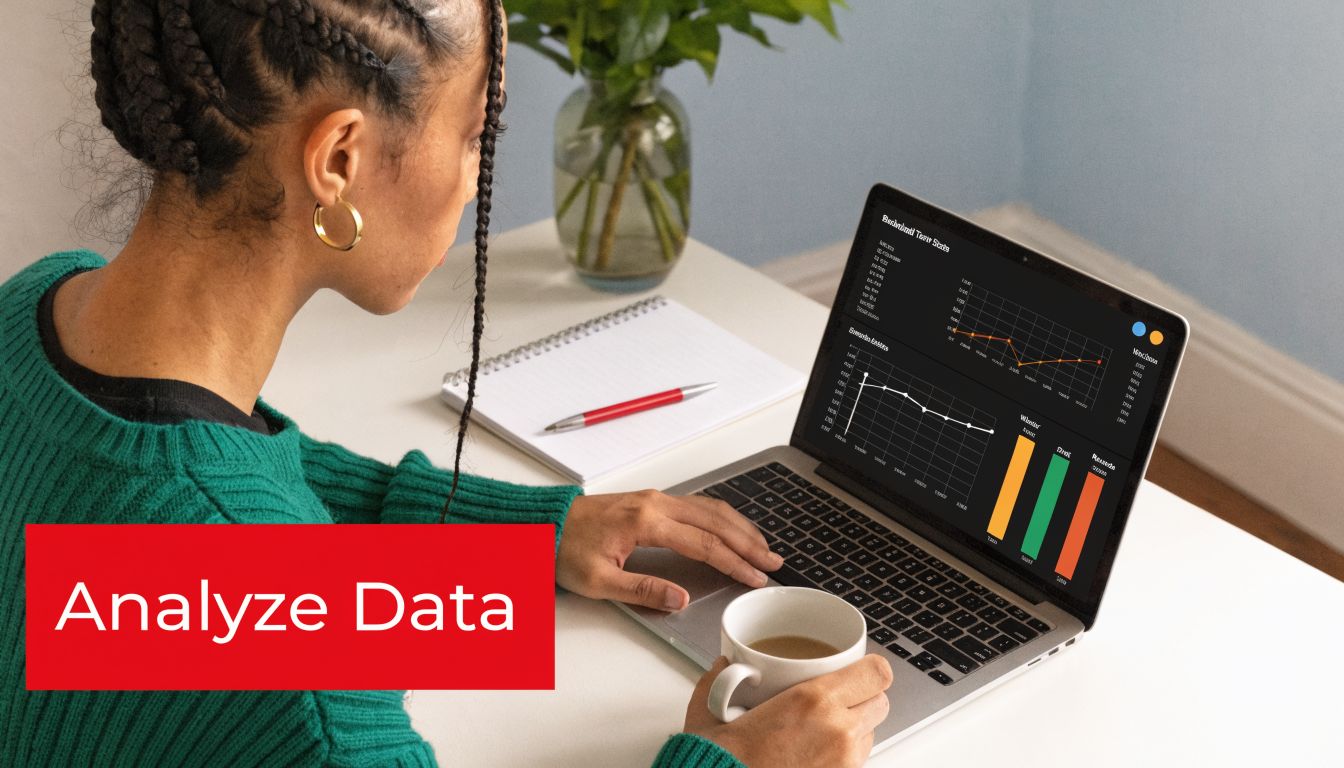 A woman working on a laptop analyzing data charts while drinking coffee at a desk.