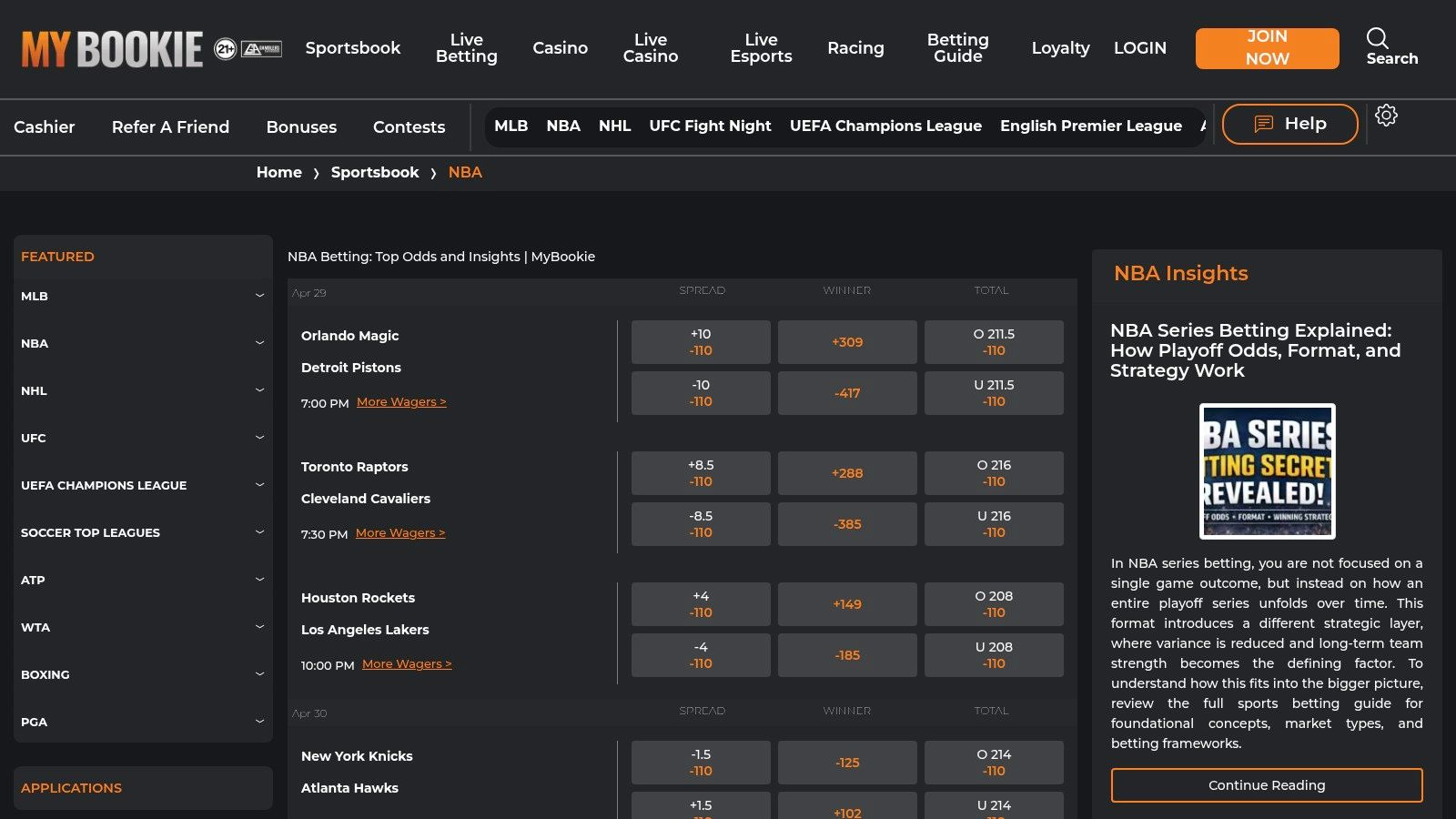 Screenshot from https://www.mybookie.ag/sportsbook/nba/
