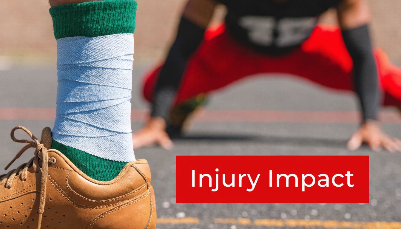 A close up view of an athlete's ankle wrapped in a supportive bandage while stretching outdoors.