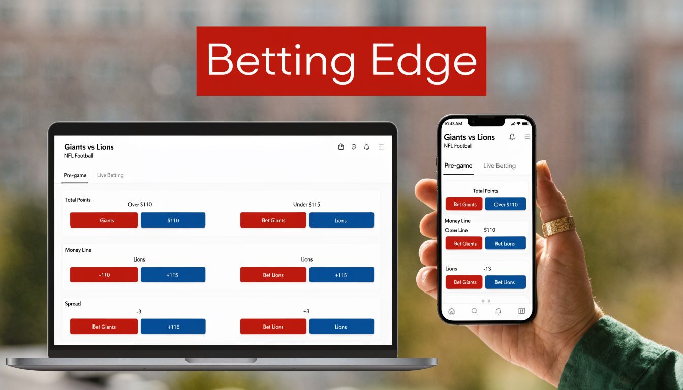 A laptop and a mobile phone displaying Giants vs Lions NFL football betting odds and predictions.