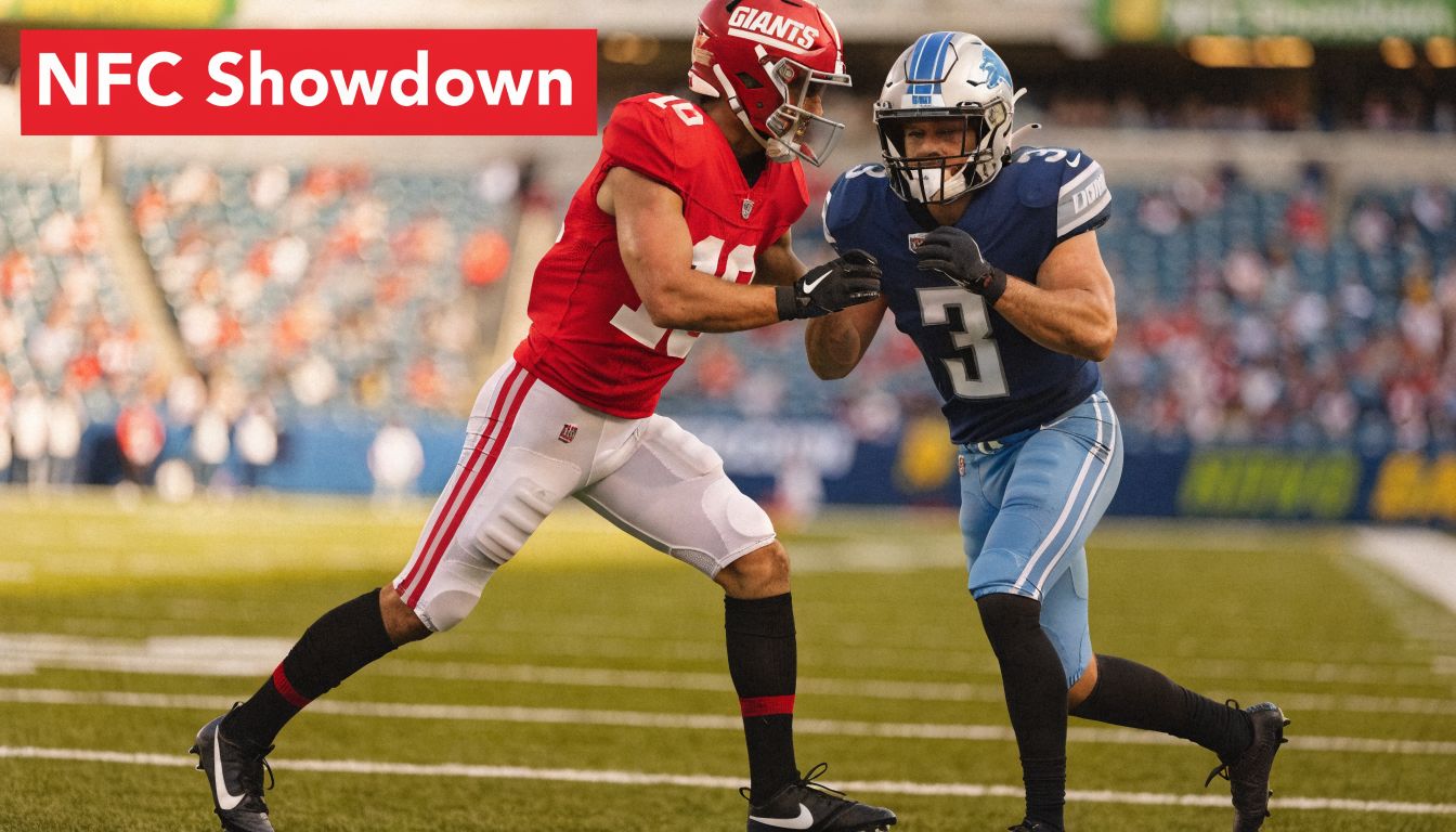 A New York Giants player defends against a Detroit Lions player during a professional football game match.